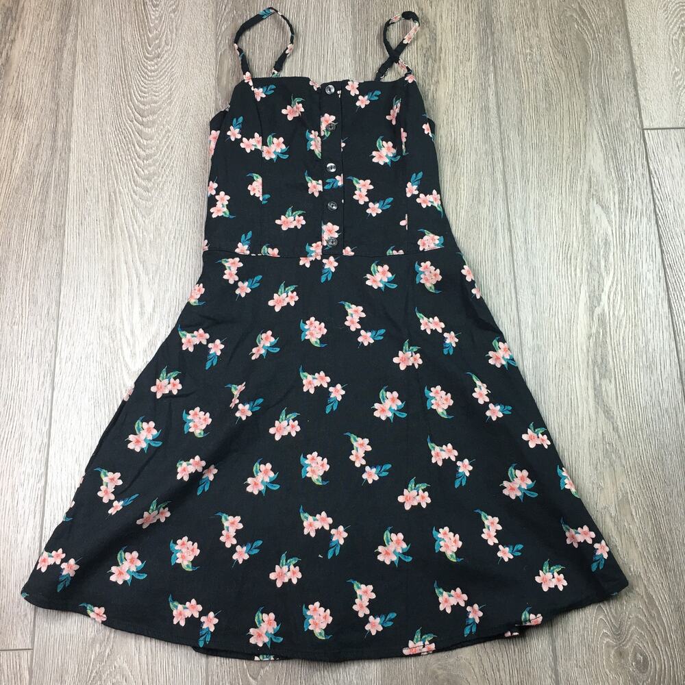 Hollister Woven Floral Button Smocked Back Mini A-line Dress Black Small